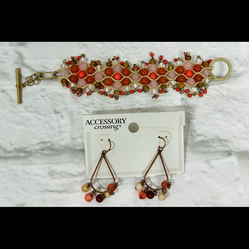 Accessory Crossing Beaded Bracelet And Earrings Set